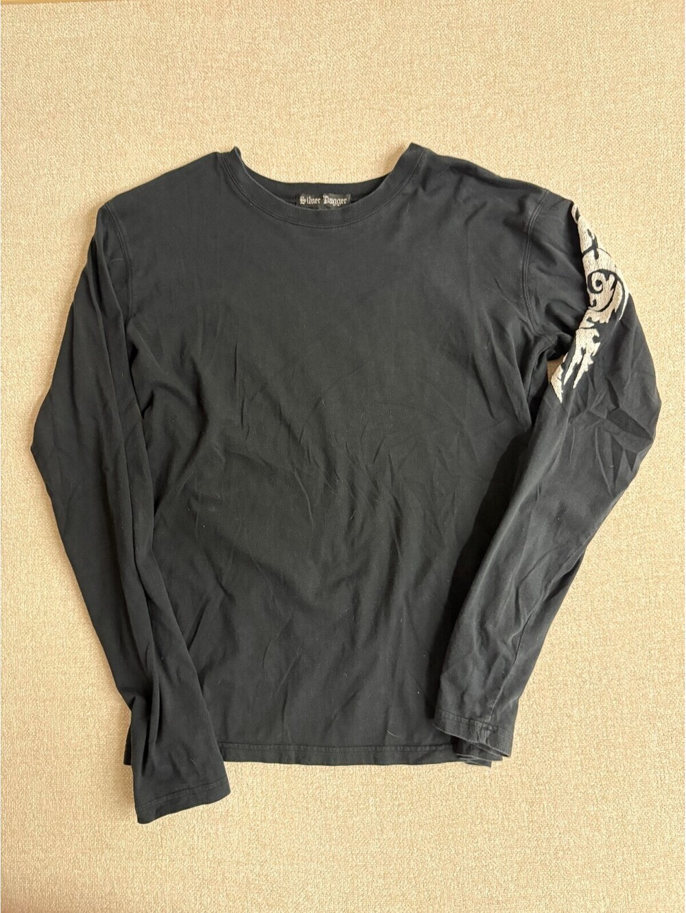 Silver Dagger Mens Long Sleeve Shirt Black Embroidered Skull Graphic Size L